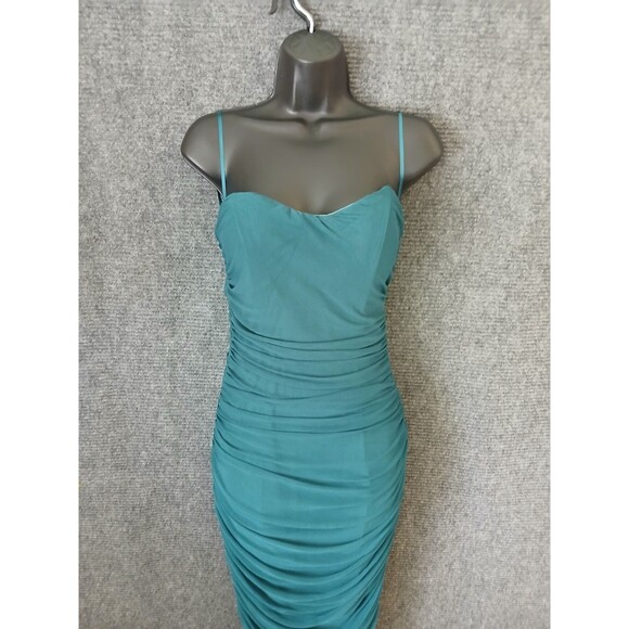 Mable Dress Mesh Ruched Tube Midi Green Women's Size S Sleeveless Fitted Stretch - Picture 3 of 12